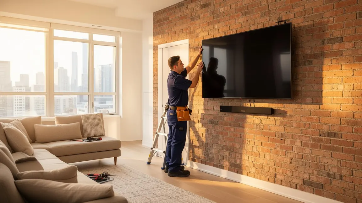 FixRight professional mounting a TV on a brick wall in a Toronto condo